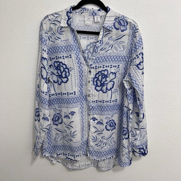 H by Halston 100% Linen Tunic Shirt Blouse Bright White Blue Artsy Floral Sz L - Picture 2 of 11